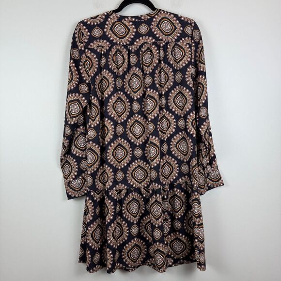 Ann Taylor Loft Shift Dress Women's Sz M Navy Gold Medallion Drop Hem Boho Artsy - Picture 3 of 8